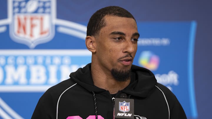 Feb 26, 2026; Indianapolis, IN, USA; Oregon defensive back Jadon Canady (DB03) speaks to members of the media during the NFL Combine at the Indiana Convention Center. Mandatory Credit: Jacob Musselman-Imagn Images