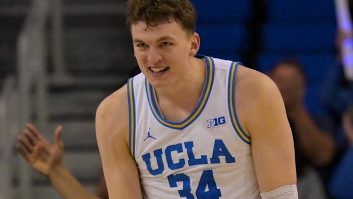 Feb 7, 2026; Los Angeles, California, USA;  UCLA Bruins forward Tyler Bilodeau (34) reacts after a three-point basket the second half against the Washington Huskies at Pauley Pavilion presented by Wescom Financial. Mandatory Credit: Jayne Kamin-Oncea-Imagn Images