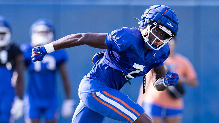 Florida Gators defensive back Trikweze Bridges (7) runs during a play during spring football practice at Heavener Football Complex at the University of Florida in Gainesville, FL on Tuesday, April 2, 2024. [Matt Pendleton/Gainesville Sun]