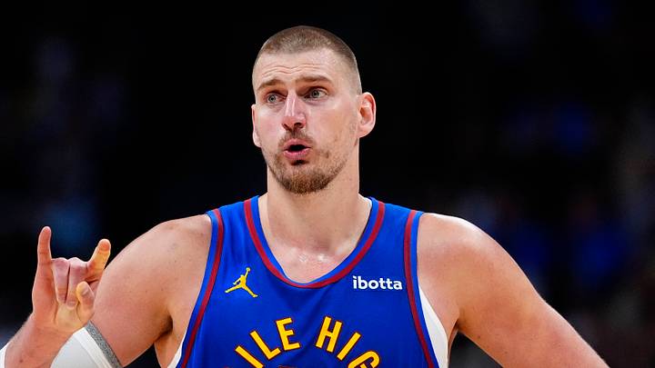 Apr 20, 2026; Denver, Colorado, USA; Denver Nuggets center Nikola Jokic (15) reacts towards the bench in the second half against the Minnesota Timberwolves during game two of the first round of the 2026 NBA Playoffs at Ball Arena. Mandatory Credit: Ron Chenoy-Imagn Images Apr 20, 2026; Denver, Colorado, USA; Denver Nuggets center Nikola Jokic (15) reacts towards the bench in the second half against the Minnesota Timberwolves during game two of the first round of the 2026 NBA Playoffs at Ball Arena. Mandatory Credit: Ron Chenoy-Imagn Images