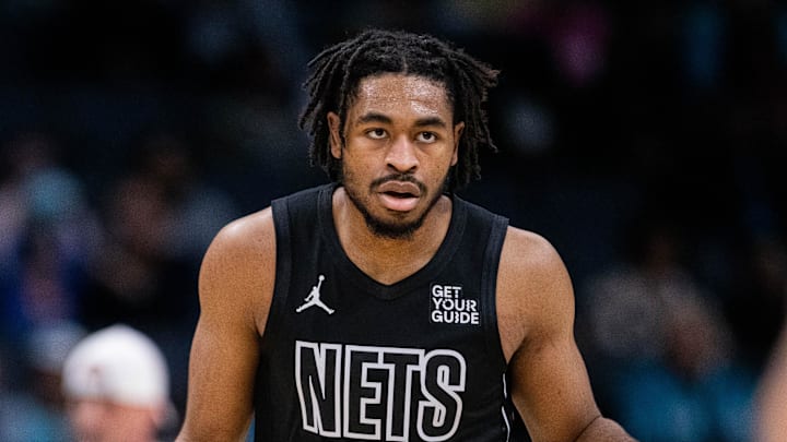 Mar 8, 2025; Charlotte, North Carolina, USA; Brooklyn Nets guard Cam Thomas (24) brings the ball up court against the Charlotte Hornets during the first quarter at Spectrum Center. Mandatory Credit: Scott Kinser-Imagn Images