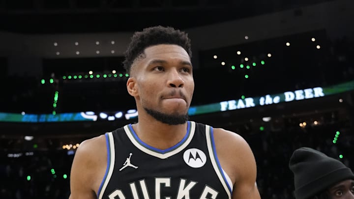 Jan 23, 2026; Milwaukee, Wisconsin, USA;  Milwaukee Bucks forward Giannis Antetokounmpo (34) walks from the court following the game against the Denver Nuggets at Fiserv Forum. Mandatory Credit: Jeff Hanisch-Imagn Images
