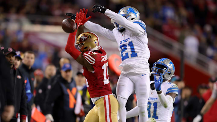 Detroit Lions cornerback Amik Robertson (21) breaks up a pass.