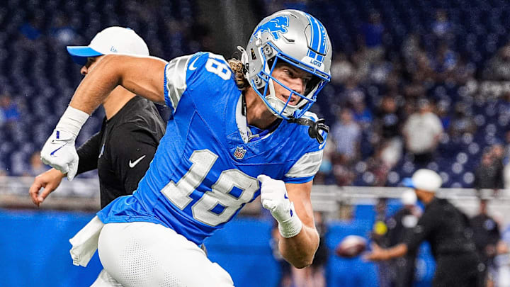 Detroit Lions wide receiver Isaac TeSlaa (18) practices ahead of the Houston Texans game at Ford Field in Detroit on Saturday, August 23, 2025.