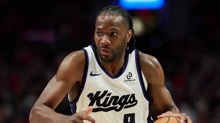 Apr 12, 2026; Portland, Oregon, USA; Sacramento Kings forward Precious Achiuwa (9) drives to the basket during the second half against the Portland Trail Blazers at Moda Center. Mandatory Credit: Troy Wayrynen-Imagn Images