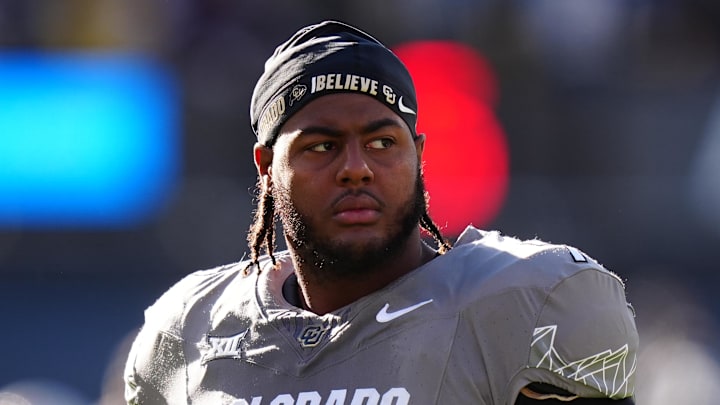 Nov 16, 2024; Boulder, Colorado, USA; Colorado Buffaloes offensive tackle Jordan Seaton (77) looks on before the game against the Utah Utes at Folsom Field. Mandatory Credit: Ron Chenoy-Imagn Images Nov 16, 2024; Boulder, Colorado, USA; Colorado Buffaloes offensive tackle Jordan Seaton (77) looks on before the game against the Utah Utes at Folsom Field. Mandatory Credit: Ron Chenoy-Imagn Images