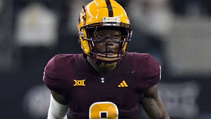 Dec 7, 2024; Arlington, TX, USA; Arizona State Sun Devils linebacker Jordan Crook (8) in action during the game between the Iowa State Cyclones and the Arizona State Sun Devils at AT&T Stadium. Mandatory Credit: Jerome Miron-Imagn Images