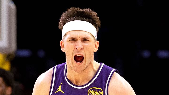 FEBRUARY 5, 2026: Los Angeles Lakers guard Austin Reaves (15) reacts after sinking a three. (Gina Ferazzi / Los Angeles Times via Getty Images) FEBRUARY 5, 2026: Los Angeles Lakers guard Austin Reaves (15) reacts after sinking a three. (Gina Ferazzi / Los Angeles Times via Getty Images)