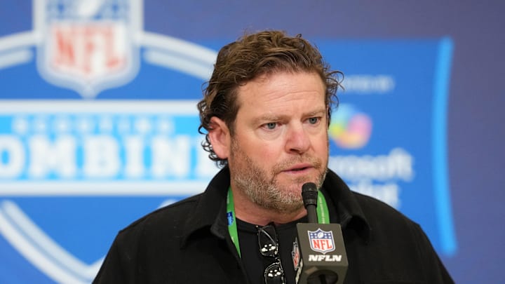 Feb 24, 2026; Indianapolis, IN, USA; Seattle Seahawks general manager John Schneider speaks at the NFL Scouting Combine at the Indiana Convention Center. Mandatory Credit: Kirby Lee-Imagn Images