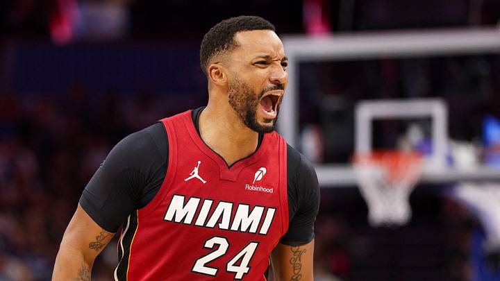 Dec 5, 2025; Orlando, Florida, USA; Miami Heat guard Norman Powell (24) reacts after a basket against the Orlando Magic in the second quarter at Kia Center. Mandatory Credit: Nathan Ray Seebeck-Imagn Images