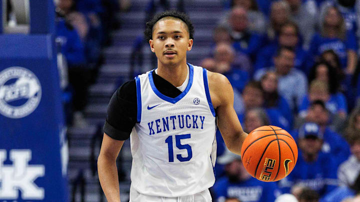 Jan 7, 2026; Lexington, Kentucky, USA; Kentucky Wildcats guard Jaland Lowe (15) brings the ball up court during the second half against the Missouri Tigers at Rupp Arena at Central Bank Center. Mandatory Credit: Jordan Prather-Imagn Images