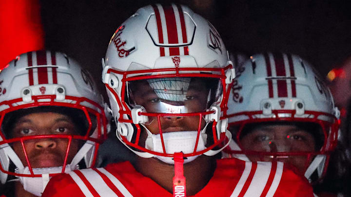 Aug 28, 2025; Raleigh, North Carolina, USA; North Carolina State Wolfpack tight end Justin Joly (7) looks on during the warmups prior to the game against East Carolina Pirates at Carter-Finley Stadium. Mandatory Credit: Jaylynn Nash-Imagn Images