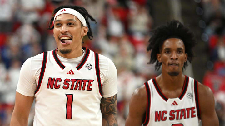Mar 2, 2026; Raleigh, North Carolina, USA;  NC State Wolfpack forward Darrion Williams (1) reacts after scoring against the Duke Blue Devils during the first half at Lenovo Center. Mandatory Credit: Zachary Taft-Imagn Images