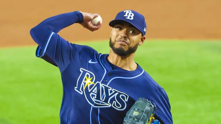 Tampa Bay Rays starting pitcher Taj Bradley (45) throws during the fourth inning against the Texas Rangers at Globe Life Field in Arlington, Texas, on April 5, 2025. Tampa Bay Rays starting pitcher Taj Bradley (45) throws during the fourth inning against the Texas Rangers at Globe Life Field in Arlington, Texas, on April 5, 2025.