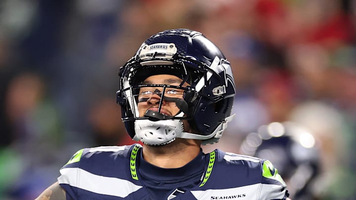 Jaxon Smith-Njigba of the Seattle Seahawks celebrates Jaxon Smith-Njigba of the Seattle Seahawks celebrates