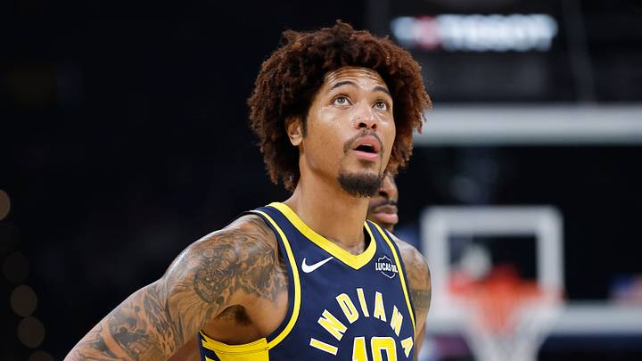 Oct 13, 2026; Oklahoma City, Oklahoma, USA; Indiana Pacers guard Kelly Oubre Jr. (10) looks at the video board during the second half against the Oklahoma City Thunder at Paycom Center. Mandatory Credit: Alonzo Adams-Imagn Images