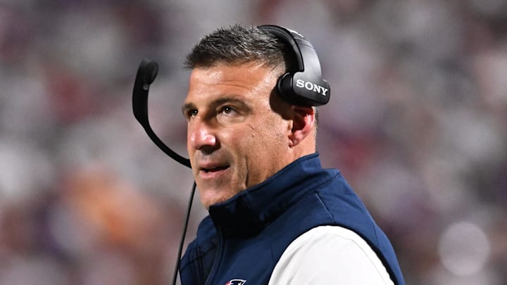 Oct 5, 2025; Orchard Park, New York, USA; New England Patriots head coach Mike Vrabel during the first half at Highmark Stadium. Mandatory Credit: Mark Konezny-Imagn Images