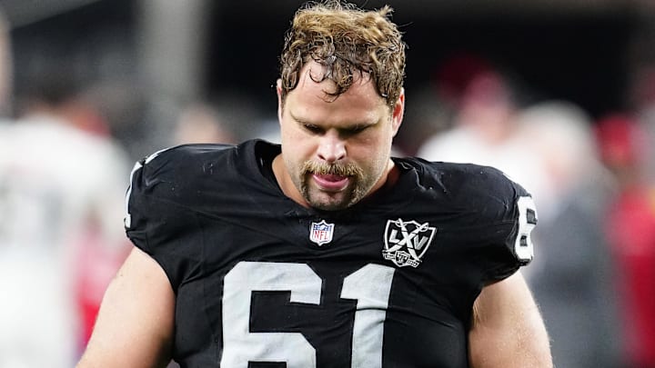 Dec 16, 2024; Paradise, Nevada, USA; Las Vegas Raiders guard Jordan Meredith (61) walks off the field after the Raiders were defeated by the Atlanta Falcons at Allegiant Stadium. Mandatory Credit: Stephen R. Sylvanie-Imagn Images