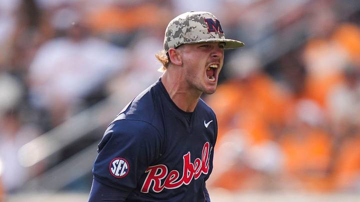 Ole Miss pitcher Cade Townsend (10) celebrates a strikeout during a NCAA baseball game between Tennessee and Ole Miss at Lindsey Nelson Stadium on April 18, 2026.