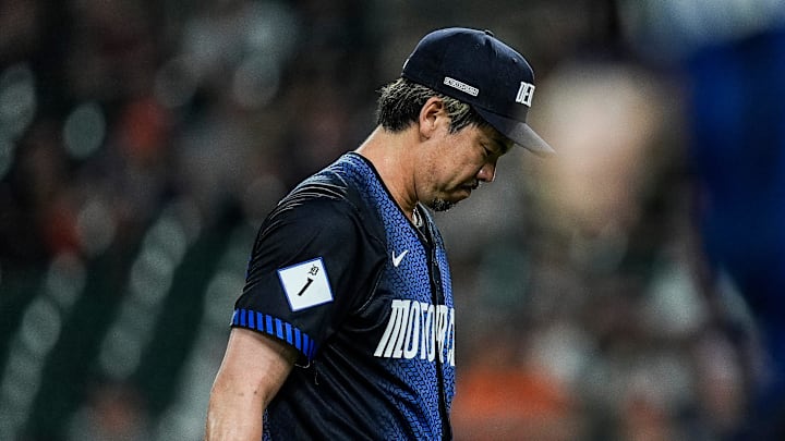 Detroit Tigers pitcher Kenta Maeda (18) walks off the field for pitching change against Kansas City Royals during the ninth inning at Comerica Park in Detroit on Friday, April 18, 2025. Detroit Tigers pitcher Kenta Maeda (18) walks off the field for pitching change against Kansas City Royals during the ninth inning at Comerica Park in Detroit on Friday, April 18, 2025.
