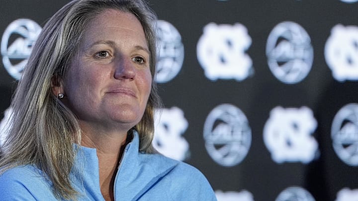 Oct 9, 2024; Charlotte, NC, USA; North Carolina head coach Courtney Banghart during ACC Media Days at The Hilton Charlotte Uptown. Mandatory Credit: Jim Dedmon-Imagn Images Oct 9, 2024; Charlotte, NC, USA; North Carolina head coach Courtney Banghart during ACC Media Days at The Hilton Charlotte Uptown. Mandatory Credit: Jim Dedmon-Imagn Images