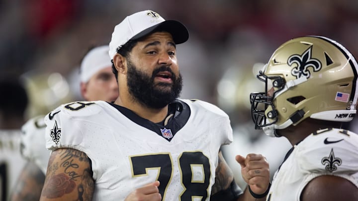Aug 10, 2024; Glendale, Arizona, USA; New Orleans Saints  center Erik McCoy (78) against the Arizona Cardinals during a preseason NFL game at State Farm Stadium. Mandatory Credit: Mark J. Rebilas-Imagn Images