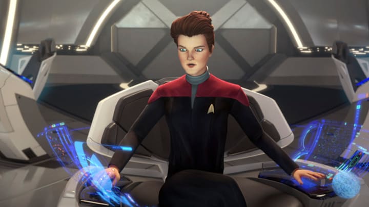 “Terror Firma” --EP#105 -- Kate Mulgrew as Janeway in Star Trek: Prodigy streaming on PARAMOUNT+. Photo: Nickelodeon/Paramount+ ©2021 VIACOM INTERNATIONAL. All Rights Reserved.