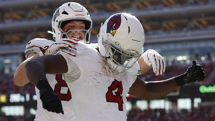 Sep 27, 2026; Santa Clara, California, USA;  Arizona Cardinals running back Jeremiyah Love (4)  reacts after rushing for a touchdown San Francisco 49ers in the second half at Levi's Stadium.  Mandatory Credit: Sergio Estrada-Imagn Images