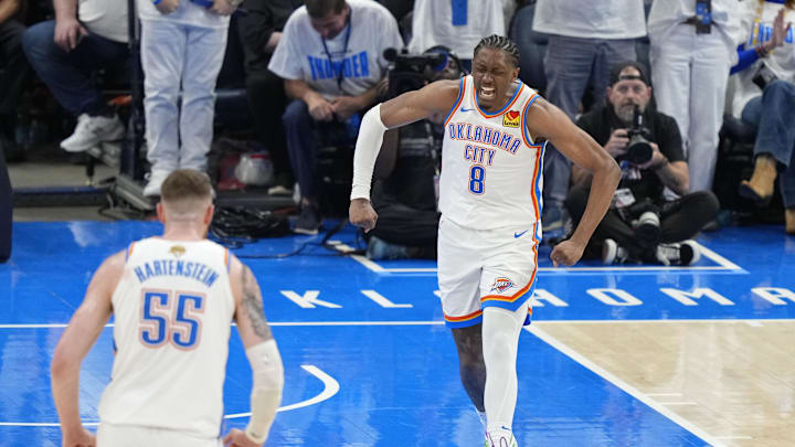 Jun 5, 2025; Oklahoma City, Oklahoma, USA; Oklahoma City Thunder forward Jalen Williams (8) and center Isaiah Hartenstein (55) react after a play against the Indiana Pacers during the fourth quarter in game one of the 2025 NBA Finals at Paycom Center. Mandatory Credit: Kyle Terada-Imagn Images Jun 5, 2025; Oklahoma City, Oklahoma, USA; Oklahoma City Thunder forward Jalen Williams (8) and center Isaiah Hartenstein (55) react after a play against the Indiana Pacers during the fourth quarter in game one of the 2025 NBA Finals at Paycom Center. Mandatory Credit: Kyle Terada-Imagn Images