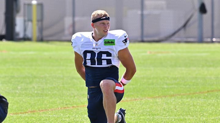 Jul 28, 2025; Foxborough, MA, USA; New England Patriots wide receiver Efton Chism III (86) warms up during training camp at Gillette Stadium. Mandatory Credit: Eric Canha-Imagn Images