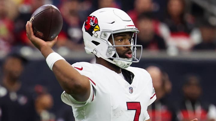 Dec 14, 2025; Houston, Texas, USA; Arizona Cardinals quarterback Jacoby Brissett (7) drops back to pass against the Houston Texans in the third quarter at NRG Stadium. Mandatory Credit: Thomas Shea-Imagn Images