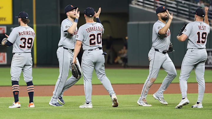 Jun 12, 2025; Baltimore, Maryland, USA; Detroit Tigers players celebrate after a game against the Baltimore Orioles at Oriole Park at Camden Yards.