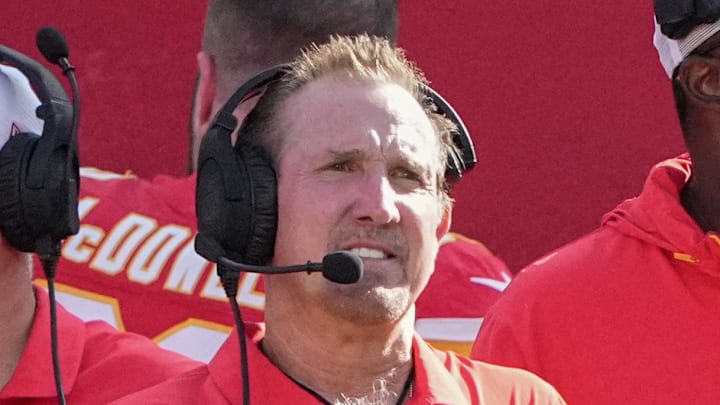 Aug 17, 2024; Kansas City, Missouri, USA; Kansas City Chiefs defensive coordinator Steve Spagnuolo watches play on the sidelines against the Detroit Lions during the game at GEHA Field at Arrowhead Stadium. Mandatory Credit: Denny Medley-Imagn Images