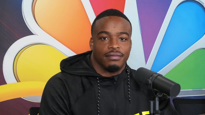 Feb 26, 2025; Indianapolis, IN, USA; NBC Sports reporter Nicole Auerbach (right) interviews Oregon defensive lineman Derrick Harmon (DL15) during the 2025 NFL Scouting Combine at the Indiana Convention Center. Mandatory Credit: Kirby Lee-Imagn Images