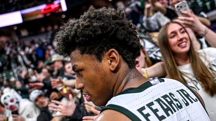 Michigan State's Jeremy Fears Jr. slaps hands with fans after the Spartans win over Illinois on Saturday, Feb. 7, 2026, at the Breslin Center in East Lansing.