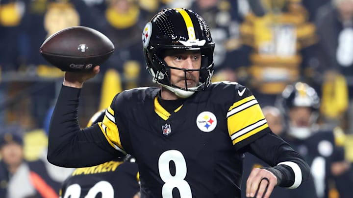Jan 12, 2026; Pittsburgh, PA, USA; Pittsburgh Steelers quarterback Aaron Rodgers (8) throws during the first half of an AFC Wild Card Round game against the Houston Texans at Acrisure Stadium. Mandatory Credit: Charles LeClaire-Imagn Images