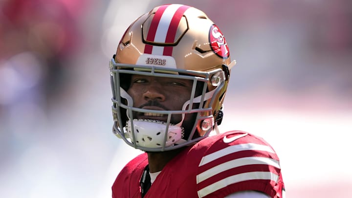 Oct 6, 2024; Santa Clara, California, USA; San Francisco 49ers defensive end Leonard Floyd (56) before the game against the Arizona Cardinals at Levi's Stadium. Mandatory Credit: Darren Yamashita-Imagn Images