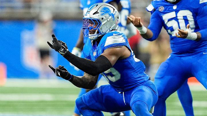 Detroit Lions linebacker Derrick Barnes (55) celebrates a sack. Detroit Lions linebacker Derrick Barnes (55) celebrates a sack.