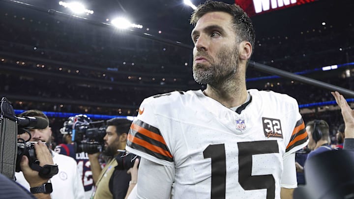Cleveland Browns quarterback Joe Flacco (15) on the field after a 2024 AFC wild card game against the Houston Texans at NRG Stadium.