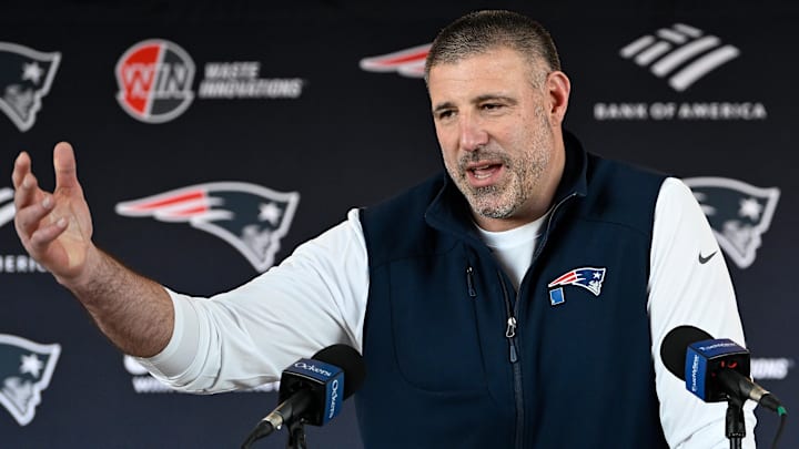 Mar 13, 2025; Foxborough, MA, USA; New England Patriots head coach Mike Vrabel discusses the teamís recent free agent additions with the media at Gillette Stadium. Mandatory Credit: Eric Canha-Imagn Images