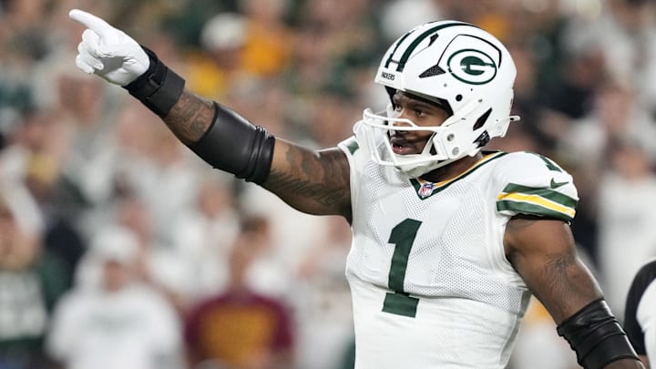  Green Bay Packers defensive end Micah Parsons (1) reacts in the first quarter against the Washington Commanders at Lambeau Field.