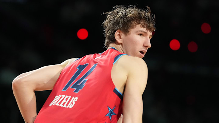 Feb 13, 2026; Inglewood, California, USA; Team Vince frontcourt Matas Buzelis (14) of the Chicago Bulls reacts during an NBA All Star Rising Stars championship game at Intuit Dome. Mandatory Credit: Kirby Lee-Imagn Images