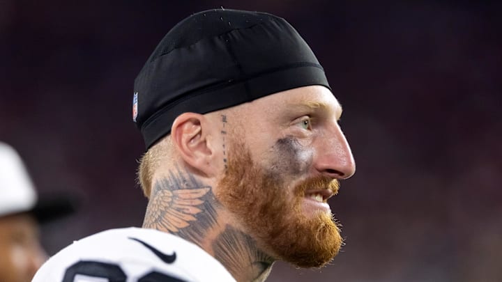 Aug 23, 2025; Glendale, Arizona, USA; Las Vegas Raiders defensive end Maxx Crosby (98) against the Arizona Cardinals during a preseason NFL game at State Farm Stadium. Mandatory Credit: Mark J. Rebilas-Imagn Images