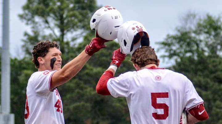 Oklahoma infielder Deiten Lachance celebrates after hitting a home run against Oral Roberts.