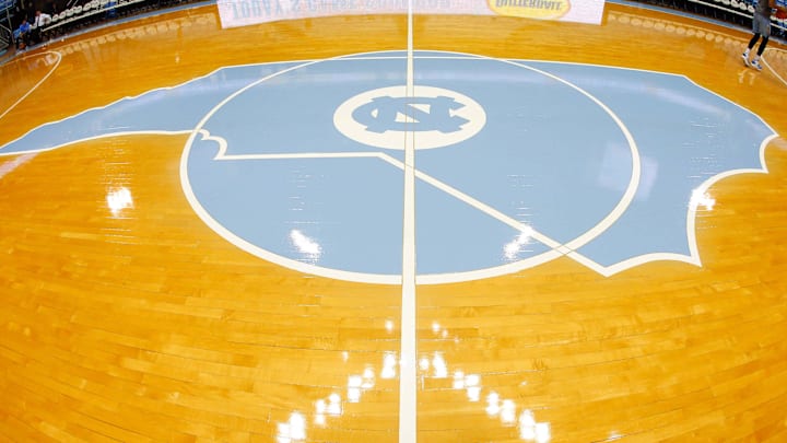 Dec 6, 2017; Chapel Hill, NC, USA; A general view of the logo on the court prior to the game between the North Carolina Tar Heels and the Western Carolina Catamounts at Dean E. Smith Center. Mandatory Credit: Jeremy Brevard-Imagn Images