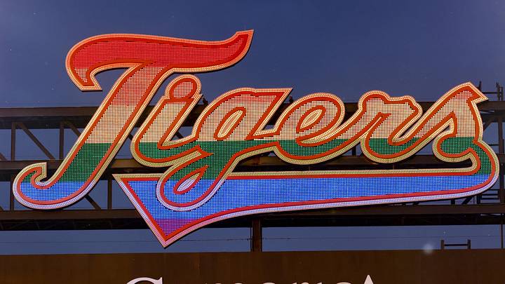 Jun 1, 2022; Detroit, Michigan, USA; The scoreboard displays the Tigers logo in rainbow colors for pride month during the game between the Detroit Tigers and the Minnesota Twins at Comerica Park. Jun 1, 2022; Detroit, Michigan, USA; The scoreboard displays the Tigers logo in rainbow colors for pride month during the game between the Detroit Tigers and the Minnesota Twins at Comerica Park.