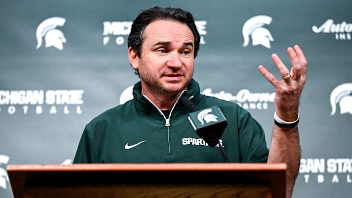 Michigan State coach Jonathan Smith talks the media on the first national signing day for college football recruits Wednesday, Dec. 4, 2024, at Spartan Stadium in East Lansing.
