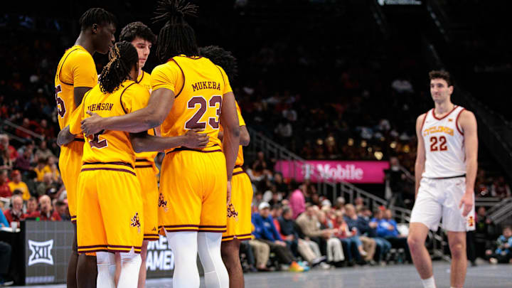 Mar 11, 2026; Kansas City, MO, USA; Arizona State Sun Devils huddle during the second half against the Iowa State Cyclones at T-Mobile Center. Mandatory Credit: William Purnell-Imagn Images