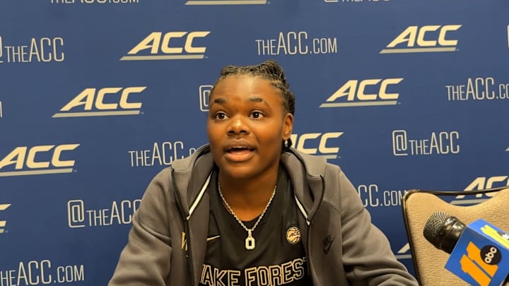 Freshman guard Milan Brown speaks with reporters at ACC Media Days in Charlotte, North Carolina.