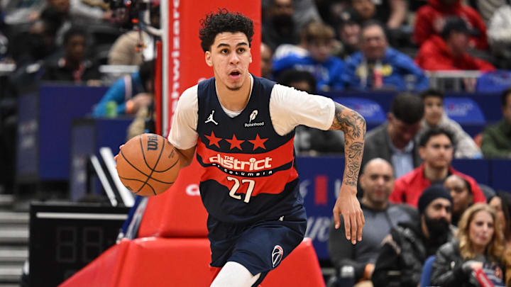 Feb 20, 2026; Washington, District of Columbia, USA; Washington Wizards guard Will Riley (27) dribbles against the Indiana Pacers during the first quarter at Capital One Arena. Mandatory Credit: Rafael Suanes-Imagn Images